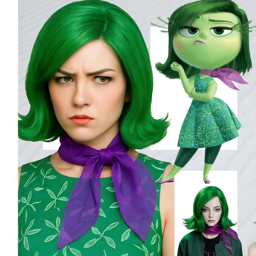 NWT Envy Green wig with pink scarf & hairnet Inside Out cosplay zombie